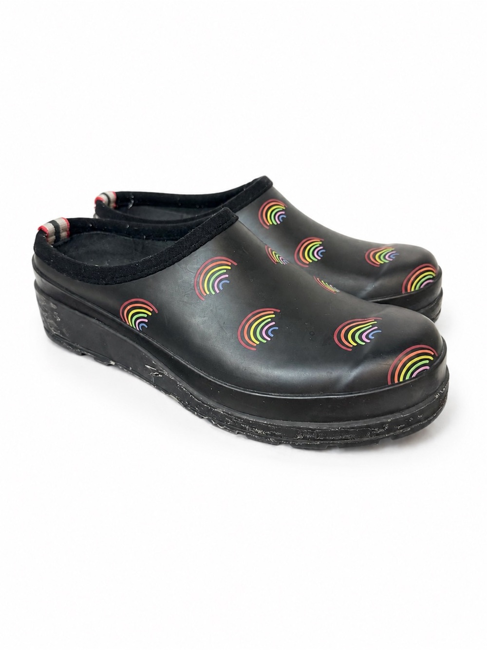 Hunter Original Play Clog Rainbow Print Waterproof Black Garden Mule Shoes US 6